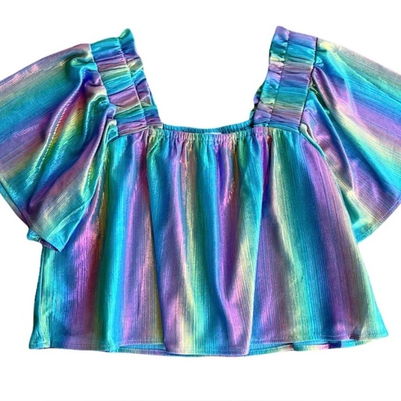 QUEEN OF SPARKLES Tops - Queen of Sparkles metallic iridescent rainbow off the shoulder women’s small